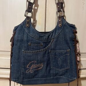 Rare Vintage Y2K Denim Guess Bag with Rhinestones and Leather Boho Details